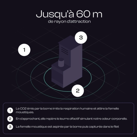 1/ Le CO2 émis par la borne imite la respiration humaine et attire la femelle moustique. 2/ En s'approchant, elle repère le leurre olfactif simulant notre odeur corporelle. 3/ La femelle moustique est aspirée par la borne puis capturée dans le filet.